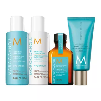 Дорожный набор Увлажнение: шампунь 70 мл + кондиционер 70 мл + масло для волос 25 мл + крем для рук Moroccanoil 1 шт